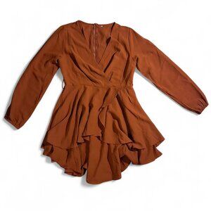 Rust Brown Long Sleeve Ruffle Mini Dress – Fall Boho Party Outfit